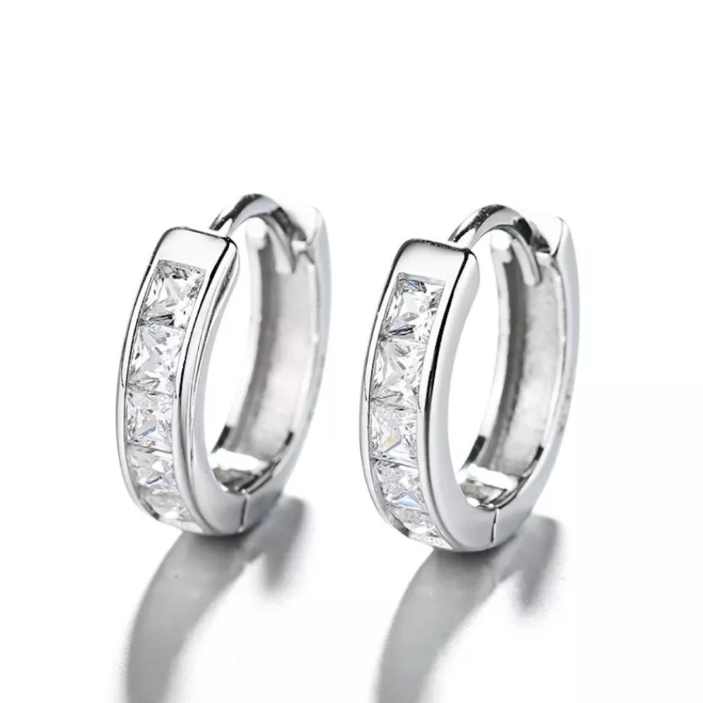 925 Sterling Silver Plated Square CZ Huggie Hoop Earrings 16mm Unisex